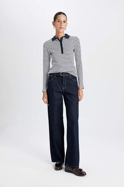 DeFacto Slim Fit Slim Fit поло деколте с копчета на райета, рипсена камизола с дълъг ръкав D5140Ax24Au