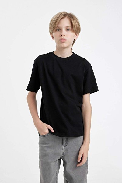 DeFacto Chlapecké základní černé tričko Regular Fit Crew Krk s krátkým rukávem D8471A8Ns