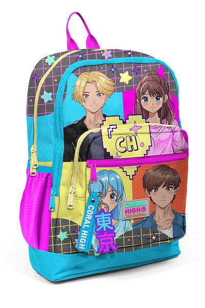 Coral High Geantă de școală pentru copii cu model anime, gri, albastru, roz - 23737