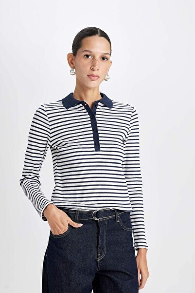 DeFacto Slim Fit Dar Kesim Polo Yaka Düğmeli Çizgili Fitilli Kaşkorse Uzun Kollu Tişört D5140AX24AU