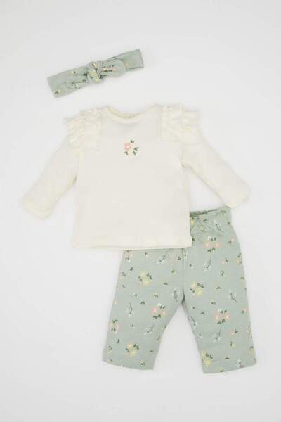 DeFacto Kız Bebek 3lü Takım Çiçekli Bisiklet Yaka Uzun Kollu Tişört Beli Lastikli Desenli Pantolon Saç Bandı