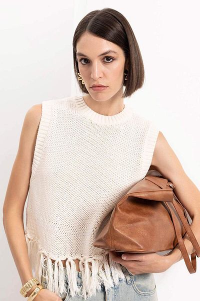 DeFacto Coool Crew Neck Basic Plain Tassel Knitwear Sweater D5652Ax24Au