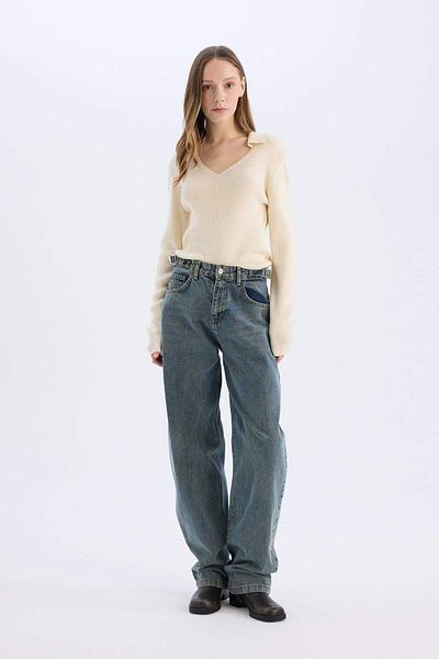 DeFacto Coool Slim Fit Slim Fit Polo Collar Crop Knitwear Sweater X4929Az24Au