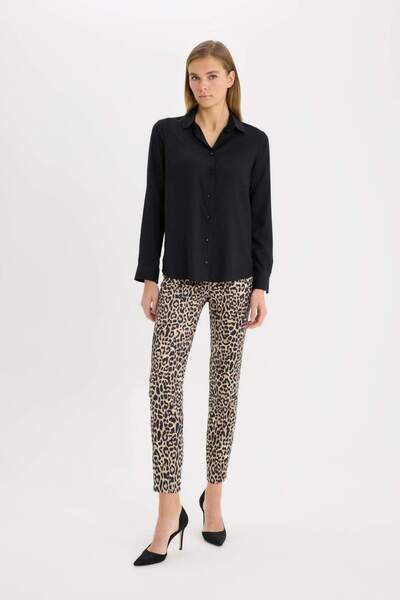 DeFacto Leopard Print Satin Cigarette Pants - Regular Waist, Elastic Straight Leg J8741Az24Wn