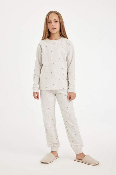 DeFacto Mädchen-Pyjama-Set mit Herz-Aufdruck, Rundhalsausschnitt, langärmliges Oberteil, langer Boden D3728A824AU