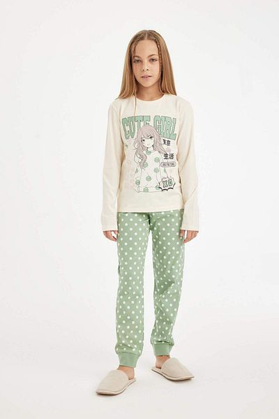 DeFacto Girls' Pajamas Set Crew Neck Printed Long Sleeve Top Long Bottom D3729A824Au