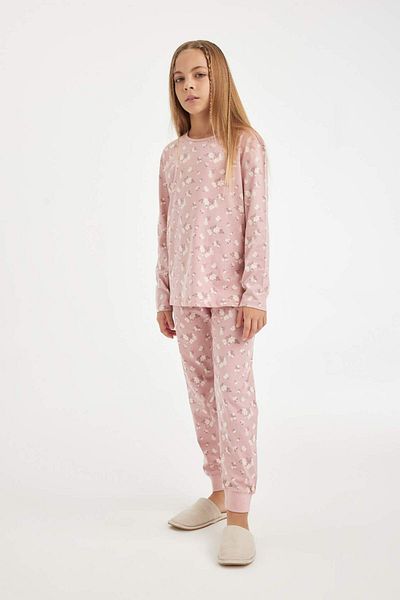 DeFacto Langarm-Pyjama-Set aus Baumwolle mit Blumenmuster für Mädchen D6318a8ns