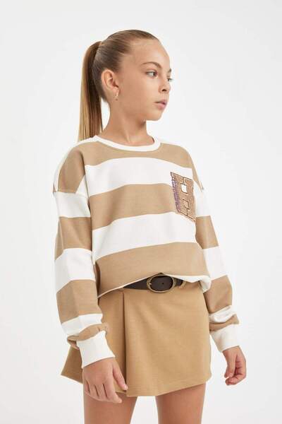 DeFacto Бродиран суитшърт с кръгло деколте за момиче, свободна кройка, D3862A824AU