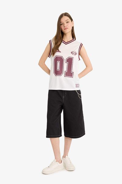 DeFacto Coool Oversize Wide Fit Printed V-Neck Jersey Fabric Singlet F7855Ax25Hs