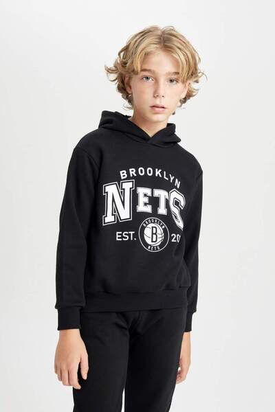 DeFacto Erkek Çocuk Siyah NBA Brooklyn Nets Kapüşonlu Sweatshirt D3125A824AU