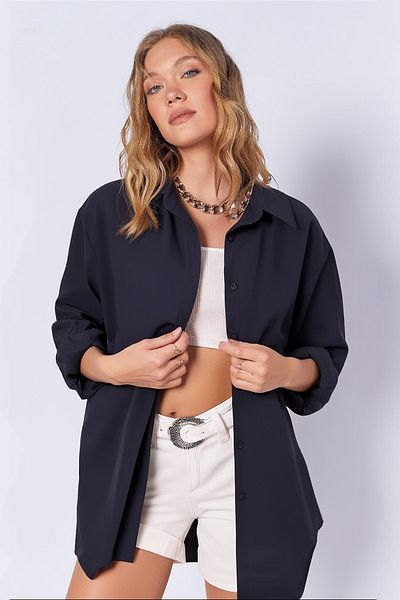 hazelin Дамска тъмносиня дълга риза Oversize Basic Hzl22w-bd139001