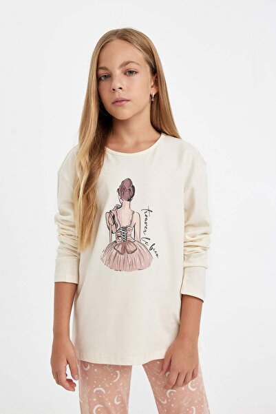 DeFacto Kız Çocuk Pijama Takımı Balerin Kız Baskılı Uzun Kollu Üst Uzun Alt 3163681