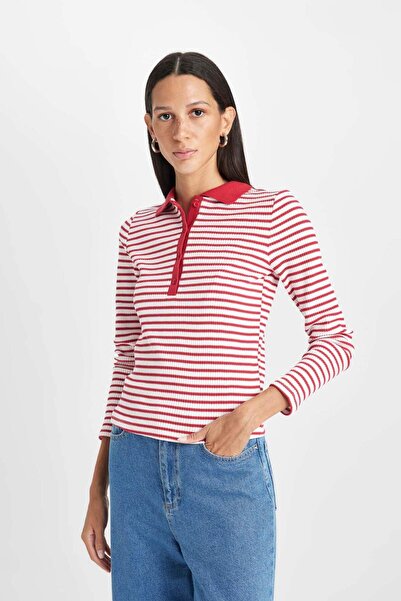 DeFacto Slim Fit Dar Kesim Polo Yaka Düğmeli Çizgili Fitilli Kaşkorse Uzun Kollu Tişört D5140AX24AU