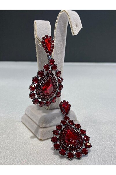 Hobigram Bordo Taşlı Şık Düğün Kına Küpesi – Kadın Aksesuar Takı Seti Zarif A...