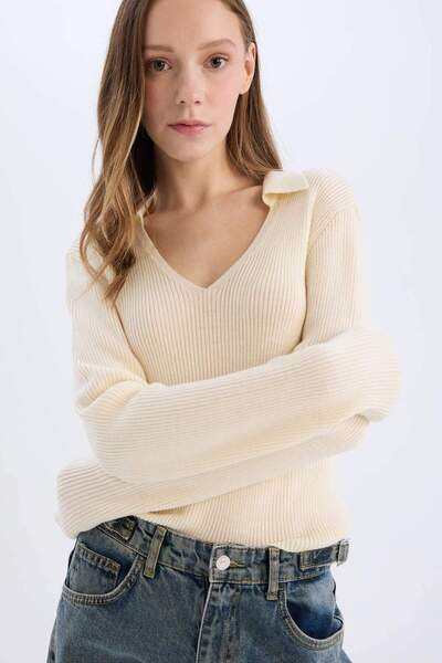 DeFacto Coool Slim Fit Slim Fit Polo Collar Crop Knitwear Sweater X4929Az24Au