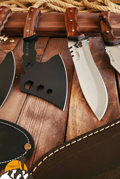 LAZBİSA 4 Lü Set Outdoor Balta Bıçak Set Kamp Baltası Bıçak Şef Bıçağı Nacak Budama Baltası Outb1z