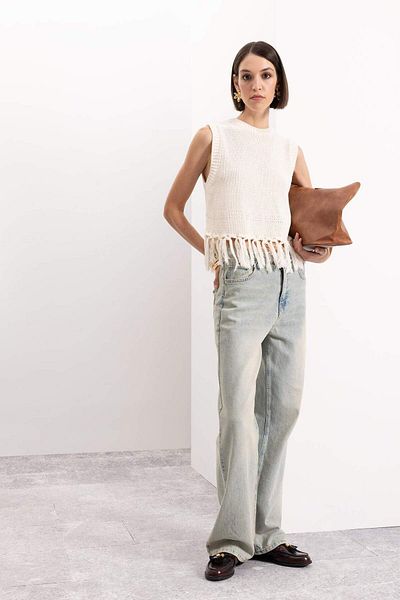 DeFacto Coool Crew Neck Basic Plain Tassel Knitwear Sweater D5652Ax24Au
