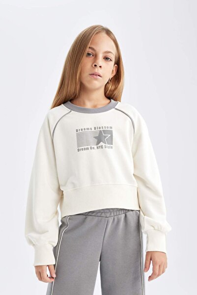 DeFacto Kız Çocuk 2li Takım Basic Düz Bisiklet Yaka Sweatshirt Üst Beli Lastikli Geniş Paça Eşofman Altı D40