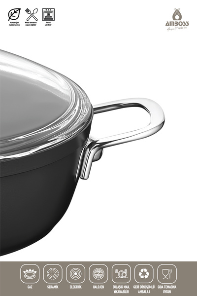 Amboss Dark Fireproof Non-Stick Titanium Coated 20 cm Deep Pot with Glass Lid