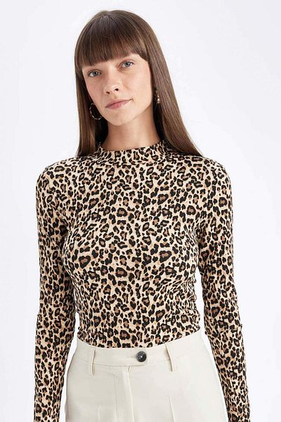 DeFacto Tricou cu mânecă lungă cu jumătate de gât cu model leopard, slim fit, slim fit D4983AX24AU
