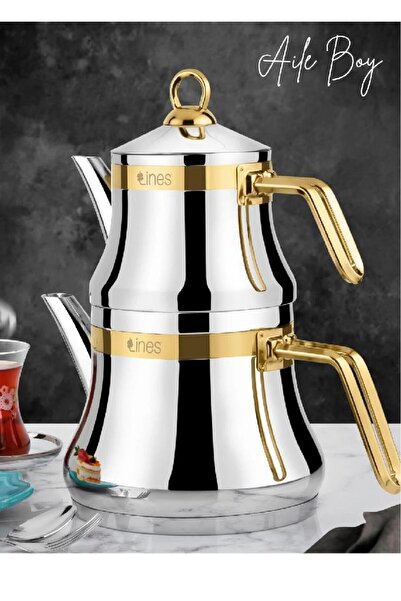 Lines Naz Aile Boy Altın Kemerli Kulplu Paslanmaz Çelik Çaydanlık 18/10