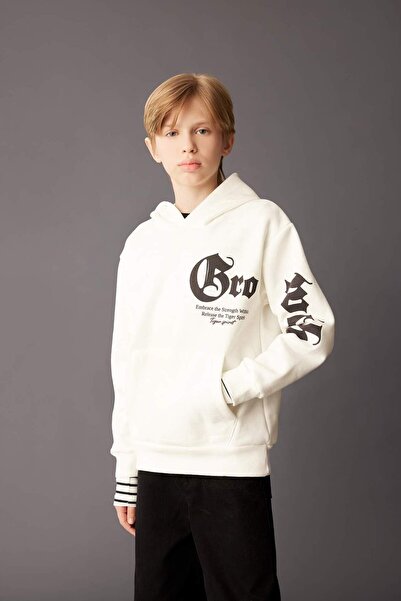 DeFacto Erkek Çocuk Ekru Kapüşonlu Baskılı Sweatshirt D3097A824AU