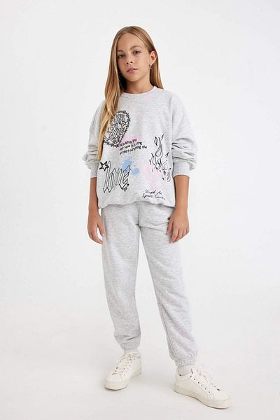 DeFacto Hanorac pentru fete, gri oversize, cu decolteu lat, cu imprimeu pe spate D0613A824AU