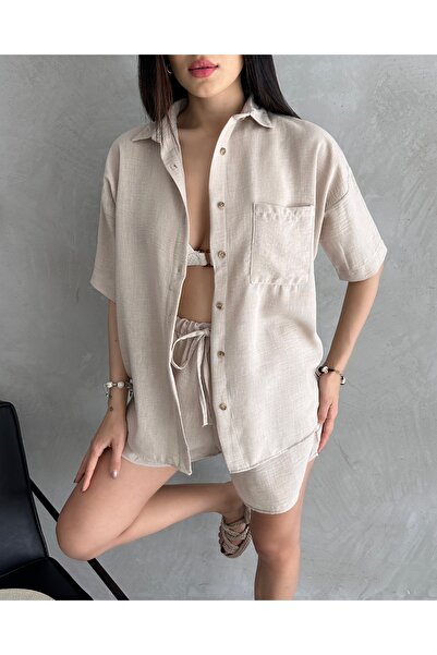 Fav Style Women's Aerobin Linen Short Sleeve Shirt and Shorts Bottom-Top Suit Beige