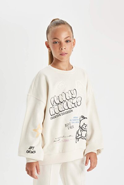 DeFacto Kız Çocuk Oversize Geniş Kalıp Bisiklet Yaka Ayıcık Baskılı Sweatshirt D0612A824AU