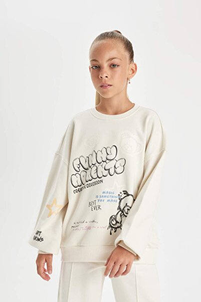 DeFacto Kız Çocuk Oversize Geniş Kalıp Bisiklet Yaka Ayıcık Baskılı Sweatshirt D0612A824AU