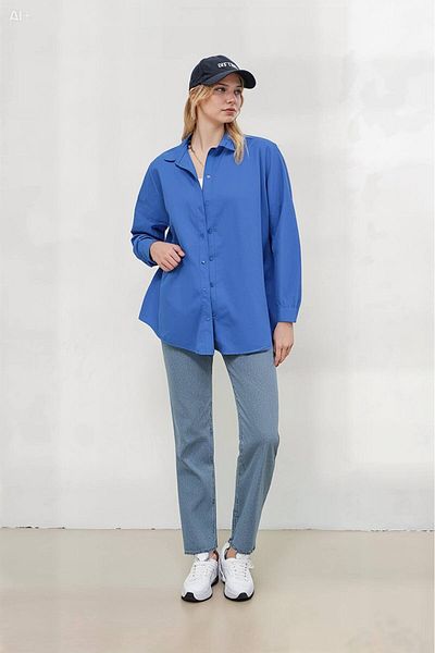 hazelin Γυναικείο Μπλε Oversize Μακρύ βασικό πουκάμισο Hzl22w-bd139001