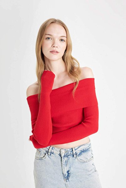 DeFacto Coool Slim Fit Dar Kesim Açık Omuz Basic Düz Triko Kazak B6537AX24WN