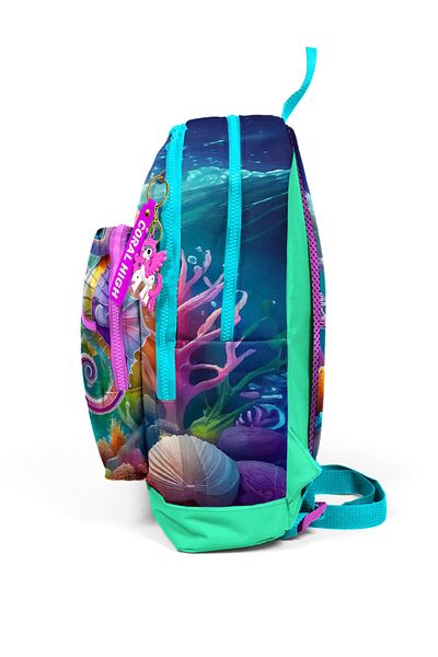 Coral High Blue Water Green Seahorse Patterned Four Compartment School Backpack 23772