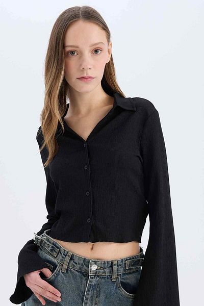 DeFacto Cool Fitted Basic μακρυμάνικο μαύρο πουκάμισο με μονόχρωμο κουμπί A0012AX24AU