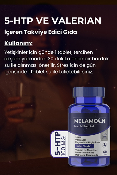 Melamoon 5-HTP, ve Kediotu ekstresi, İçeren Uyku ve Strese Yardımcı, Takviye Edici Gıda 60 Tablet
