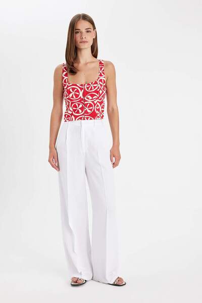 DeFacto Wide Leg Wide Leg Linen Blended Trousers High Waist Pocket Pleated Basic Straight Long Length