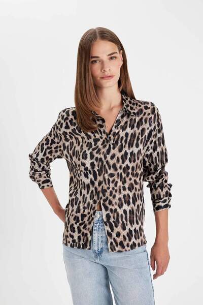 DeFacto Regular Fit Leopar Desenli Poplin Uzun Kollu Gömlek D3148AX24AU