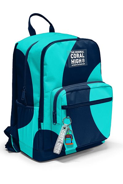 Coral High Navy Blue Turquoise Patterned School Backpack 23686