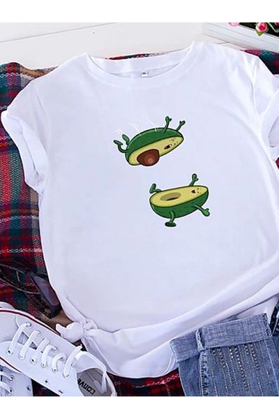 aynewmoda Women's short sleeve round neck t-shirt-cute cartoon avocado print