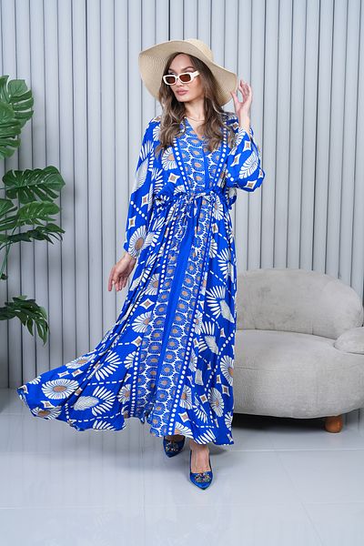 EL jadida Women's Patterned Double Breasted Collar Viscose Plus Size Hijab Dress Saks Blue