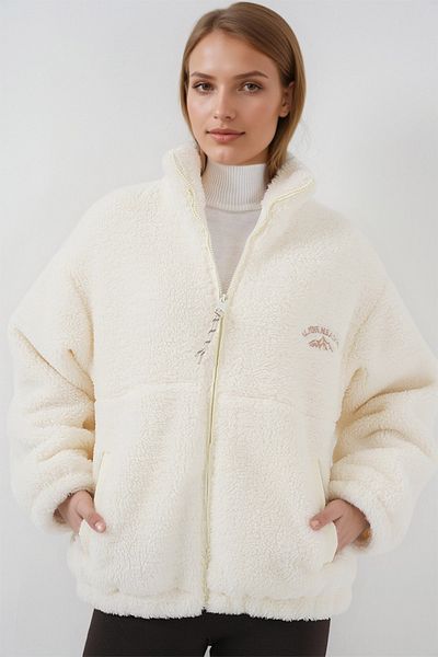 Merterium Women's Oversize Plush Jacket Coat 1041 - Ecru