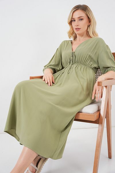 Bigdart 2570 Women's Gathered Waist V-Neck Dress - Çağla