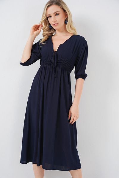 Bigdart 2570 Women's Gathered Waist V-Neck Dress - Navy Blue