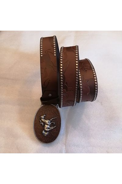 Butik Tülin Unisex Authentic Faux Leather Coffee Horse Printed Floral Silver Running Horse Cowboy Buckle Belt