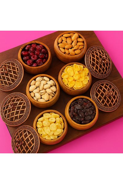 tios home Natural Wooden Serving Bowl with Decorative Copper Lid Snack Bowl Rustic Serving Bowl Round Diameter 9.5cm 6 Pieces