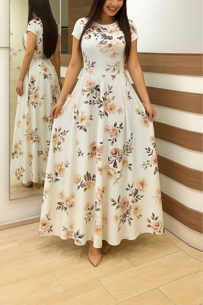 Viyamo New Season Women's Short Sleeve Crew Neck Patterned Maxi Knitted Crepe Dress