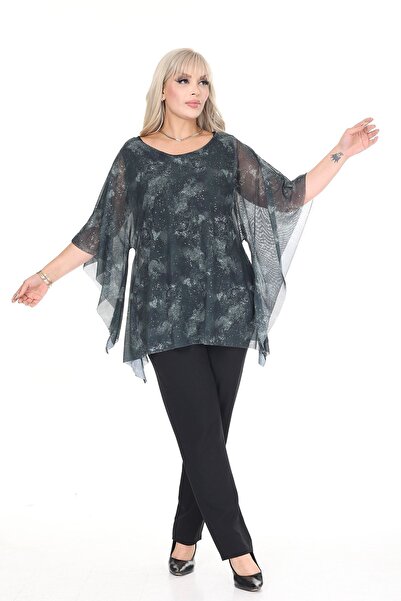 modayız Plus Size Glitter and Sleeve Detail Flowy Blouse 44C-2695