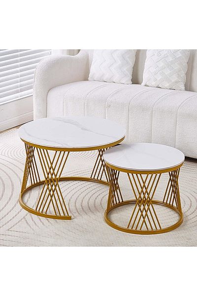 Türkiye Nesting Coffee Table Set of 2, Modern Round Coffee Table, Ceramic Rock Slabs, Metal Frame for Living