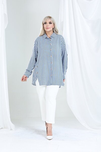 tarzımsüper Women's Plus Size Button Detailed Striped Oversize Shirt