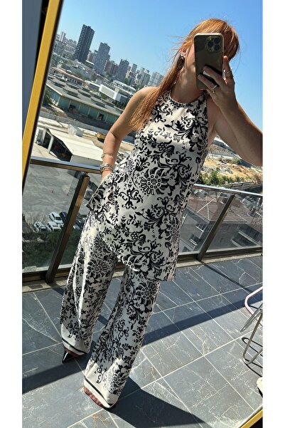 Pulli Collection Siyah Beyaz Desenli Takım – Salaş Pantolon & Halter Yaka Bluz